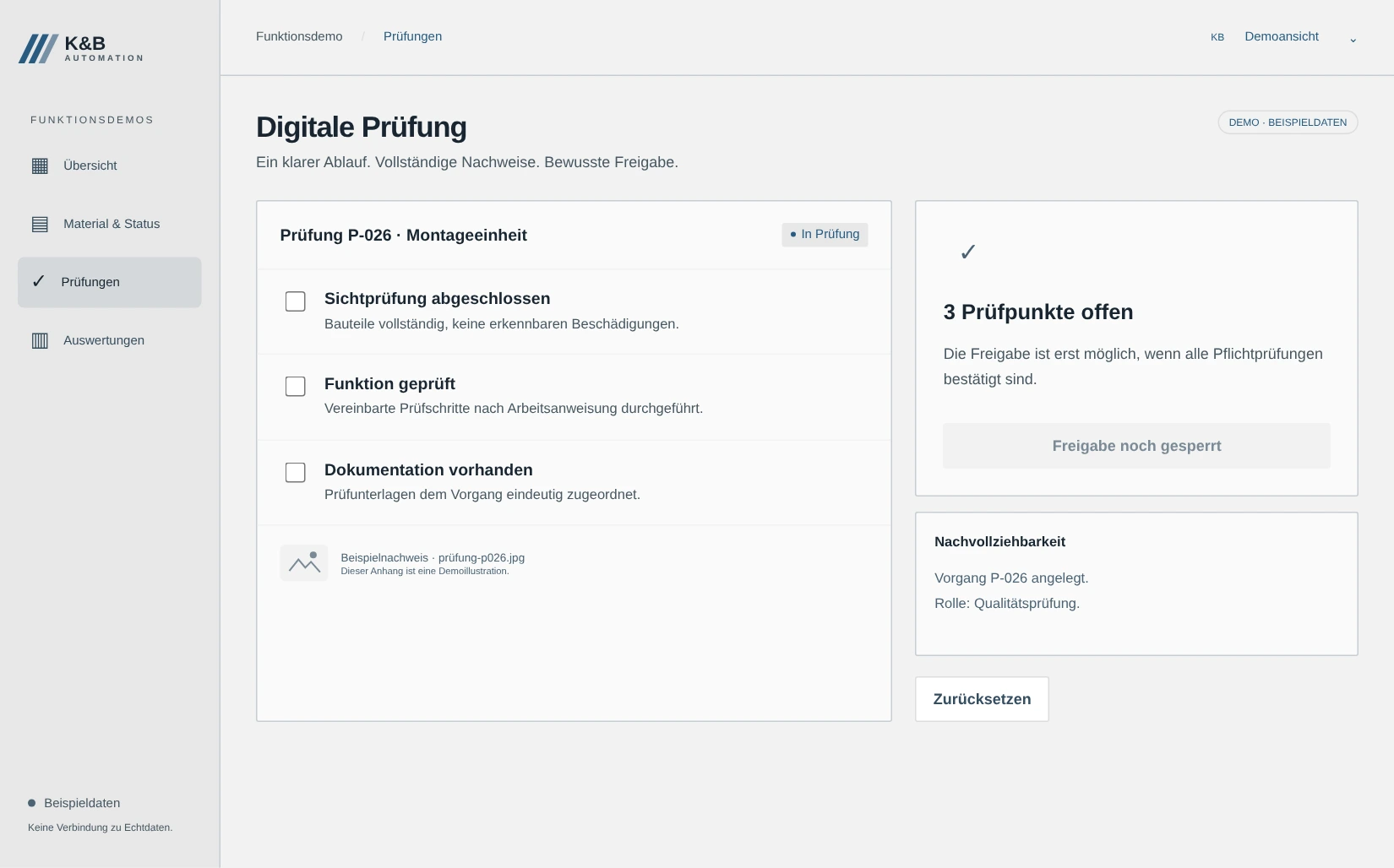 Screenshot der Prüfung & Nachweise-Demo